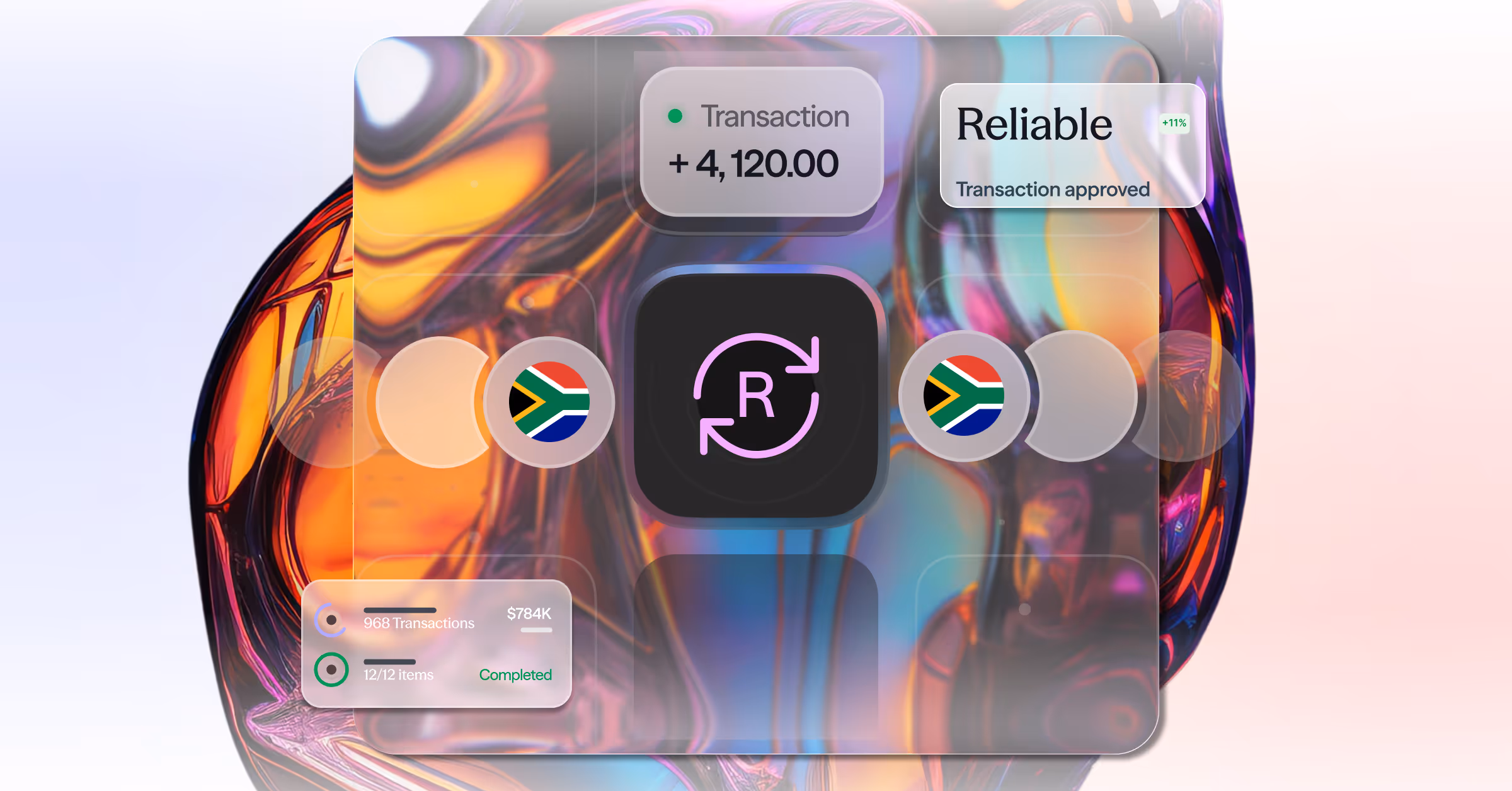 Digital illustration showing a secure Instant EFT transaction interface with the South African flag, transaction approval messages, and financial data visuals.