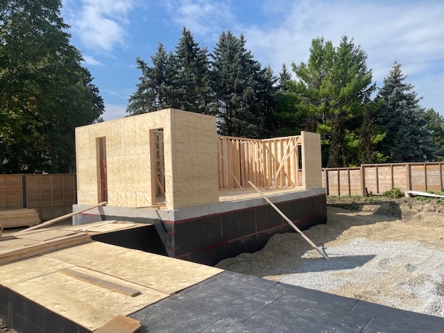 Wall framing of custom pool house under construction in Vaughan, Ontario by Mar Framing