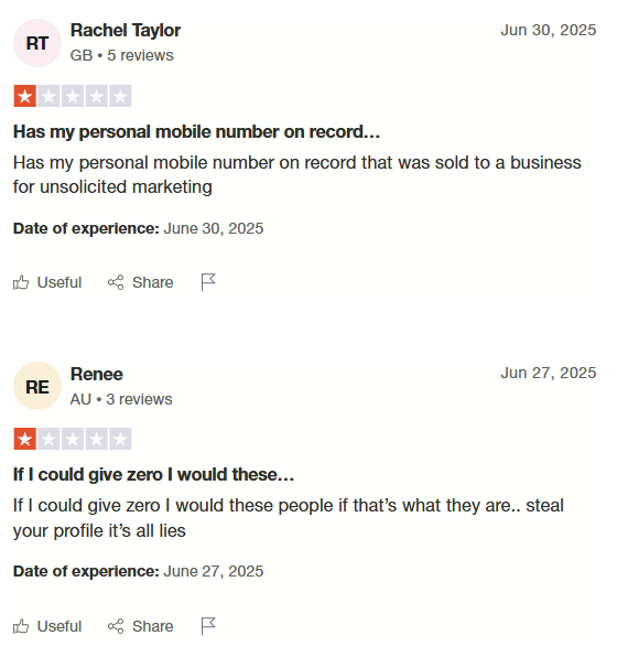 Two ZoomInfo reviews from Trustpilot