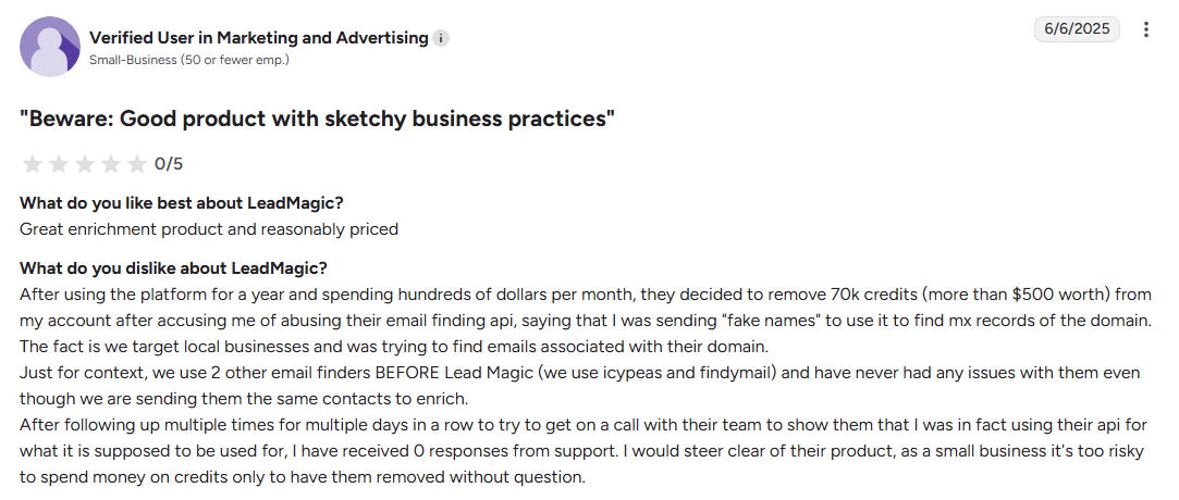 A LeadMagic review on G2 