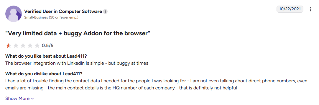 A Lead411 review from G2
