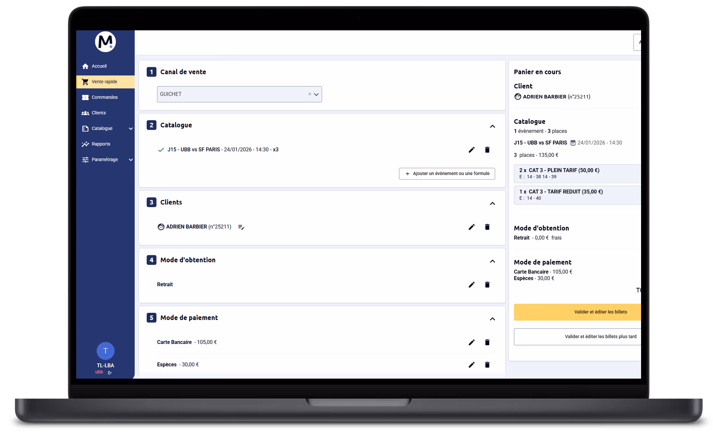 Sales management interface showing quick sale options including sales channel, catalog with event details for UBB vs SF Paris, client Adrien Barbier, delivery mode as pickup, and payment methods with card and cash.