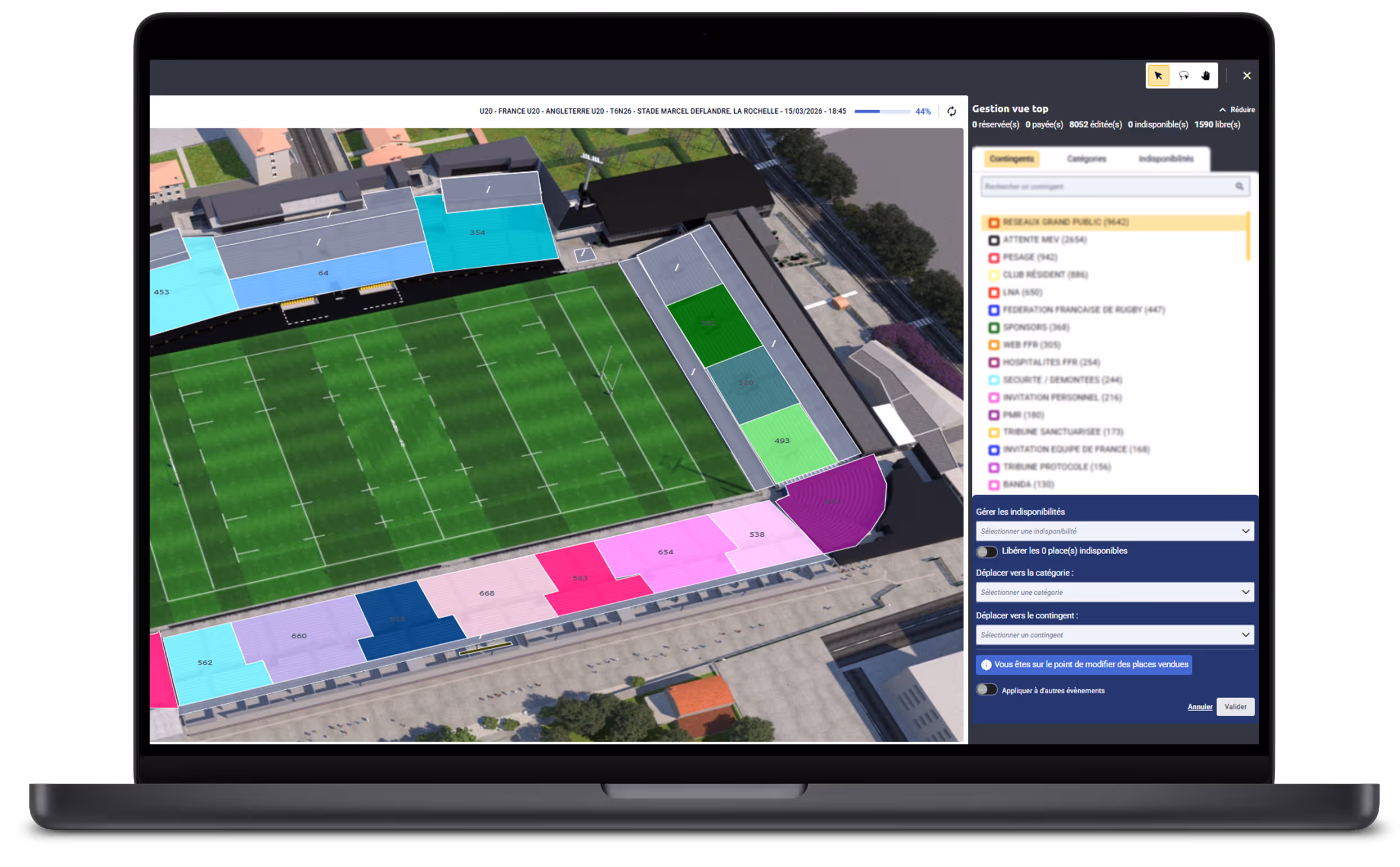 Laptop screen displaying a colored seating map of a sports stadium with a rugby field at center, along with ticket management options and categories listed on the right.