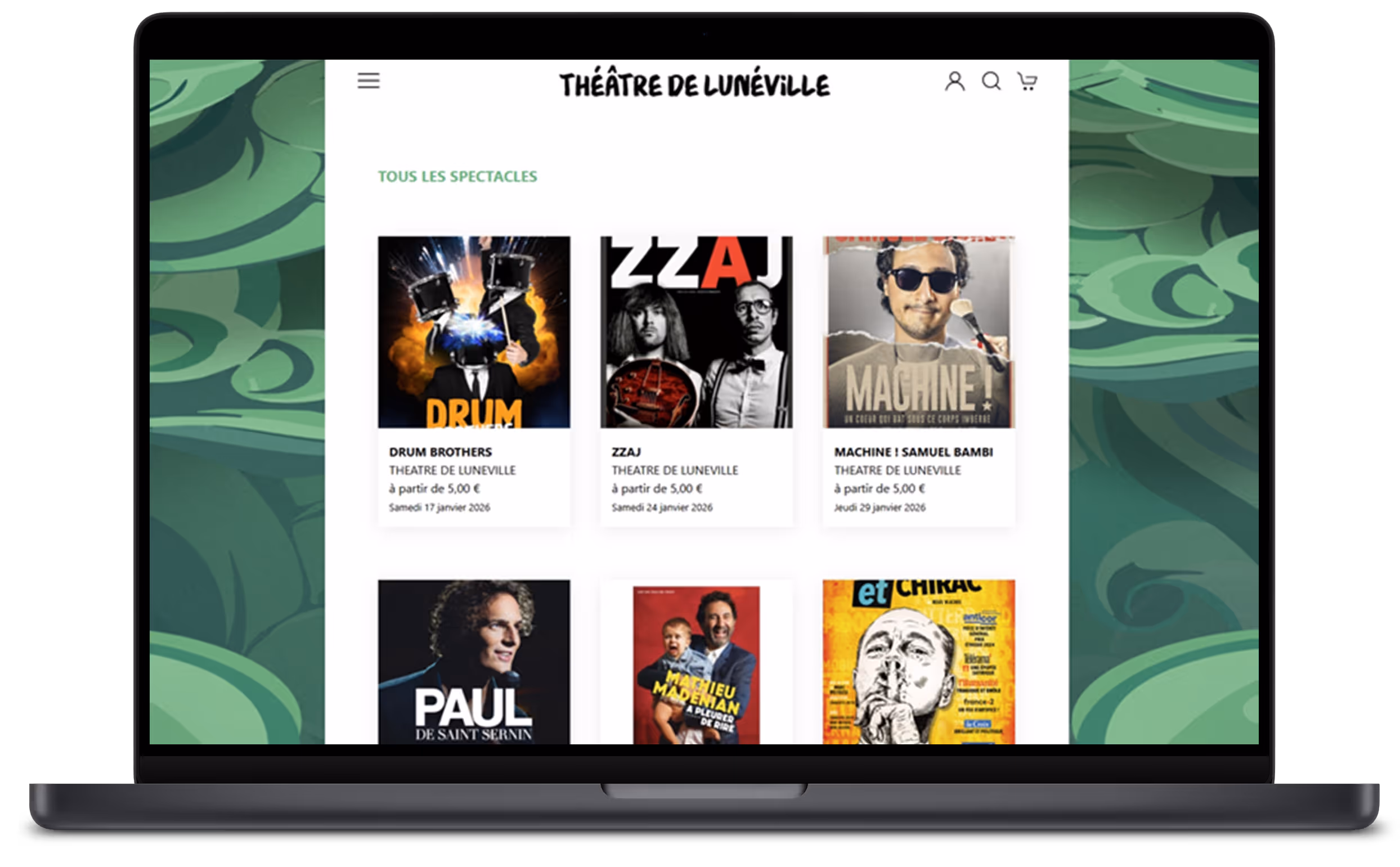 Laptop screen showing Théâtre de Lunéville website listing six upcoming shows with images and dates.