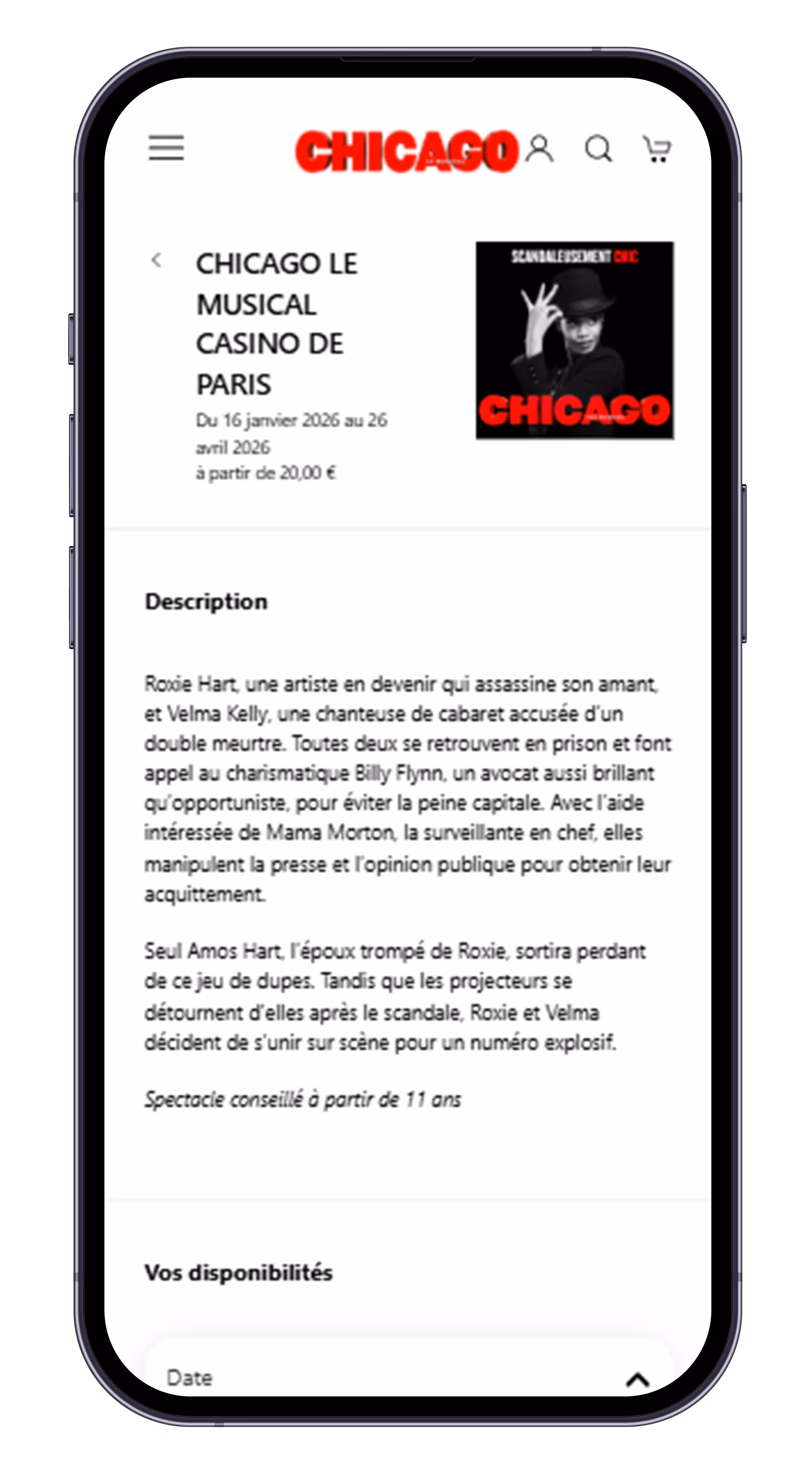 Mobile screen showing a French description of the Chicago musical at Casino de Paris, including dates January 16 to April 26, 2026, and ticket prices starting at 20 €. Description details the story of Roxie Hart and Velma Kelly with lawyer Billy Flynn, and mentions the show is recommended for ages 11 and up.