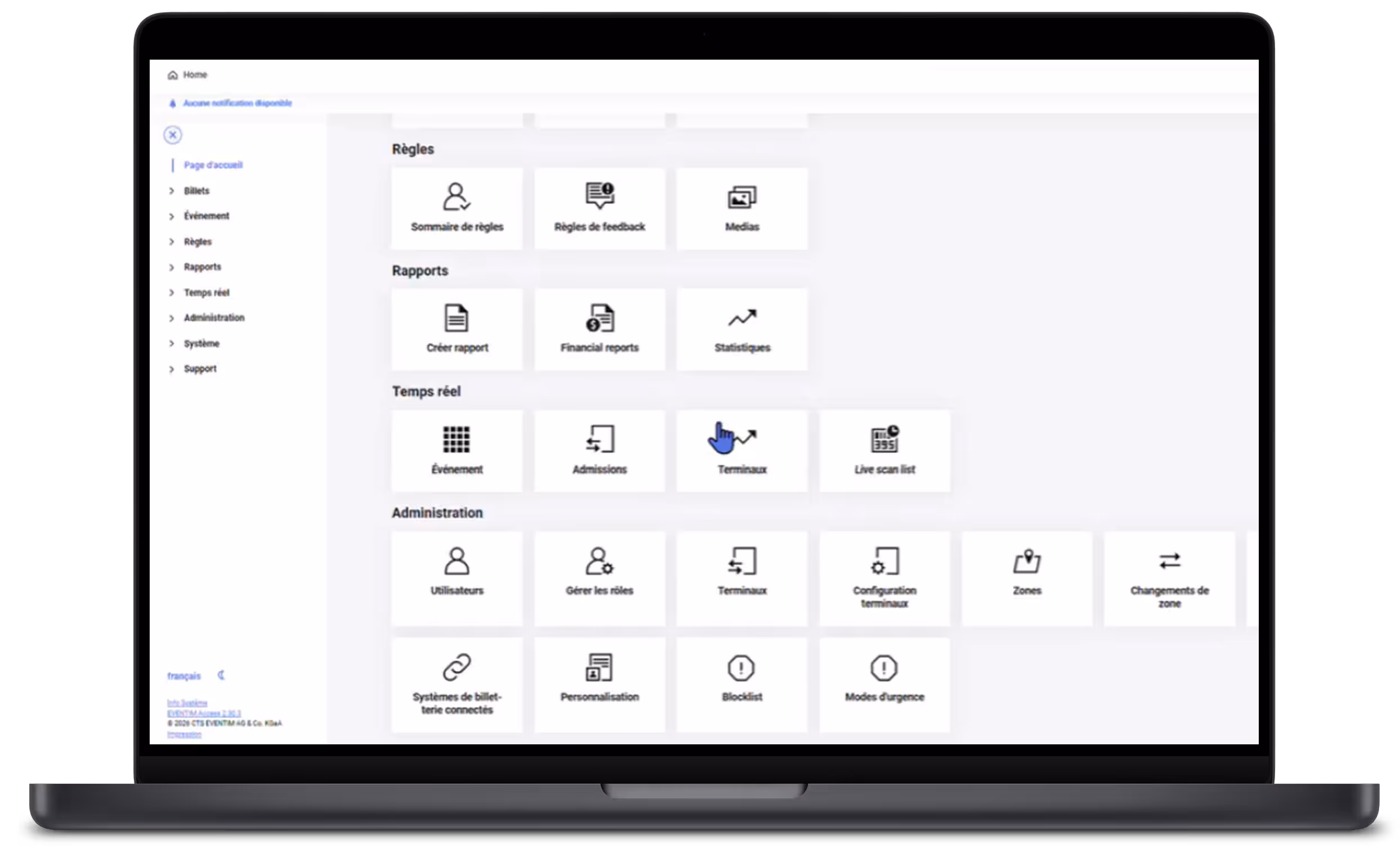 Laptop screen displaying a dashboard interface in French with sections for Rules, Reports, Real Time, and Administration featuring various icons and menu options.