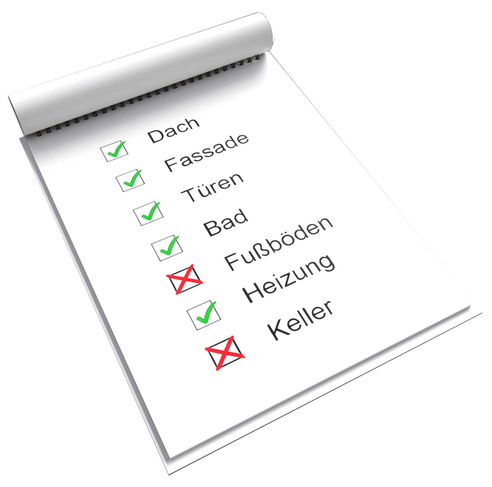 Checkliste mit Hausbereichen, Dach, Fassade, Türen, Bad, Heizung abgehakt, Fußböden und Keller nicht abgehakt.