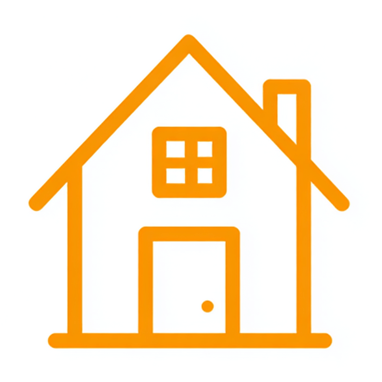 Ein einfaches orangefarbenes Haus mit Dach, Schornstein, Tür und Fenster.