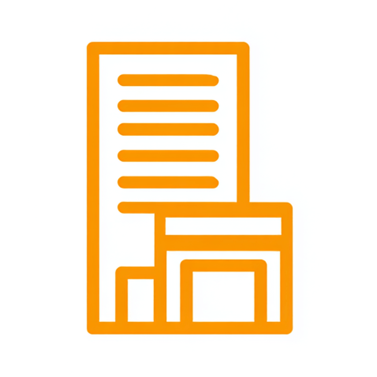 Orange Umriss eines Geschäftsgebäudes mit hohem und niedrigem Abschnitt auf weißem Hintergrund.