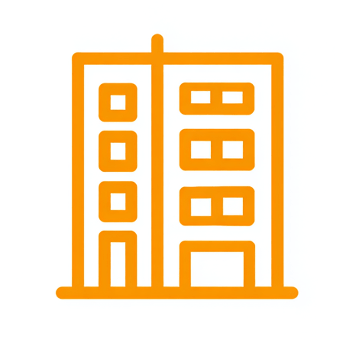 Orange Linienzeichnung eines mehrstöckigen Gebäudes mit mehreren Fenstern und Türen.