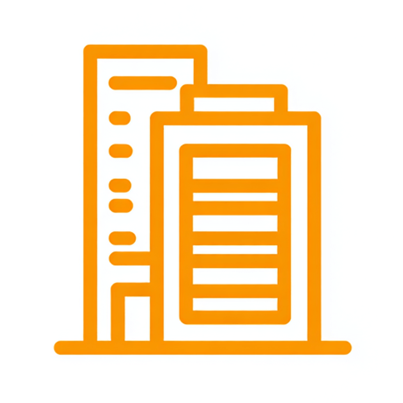 Oranges Symbol zweier nebeneinander stehender mehrstöckiger Gebäude oder Bürogebäude.