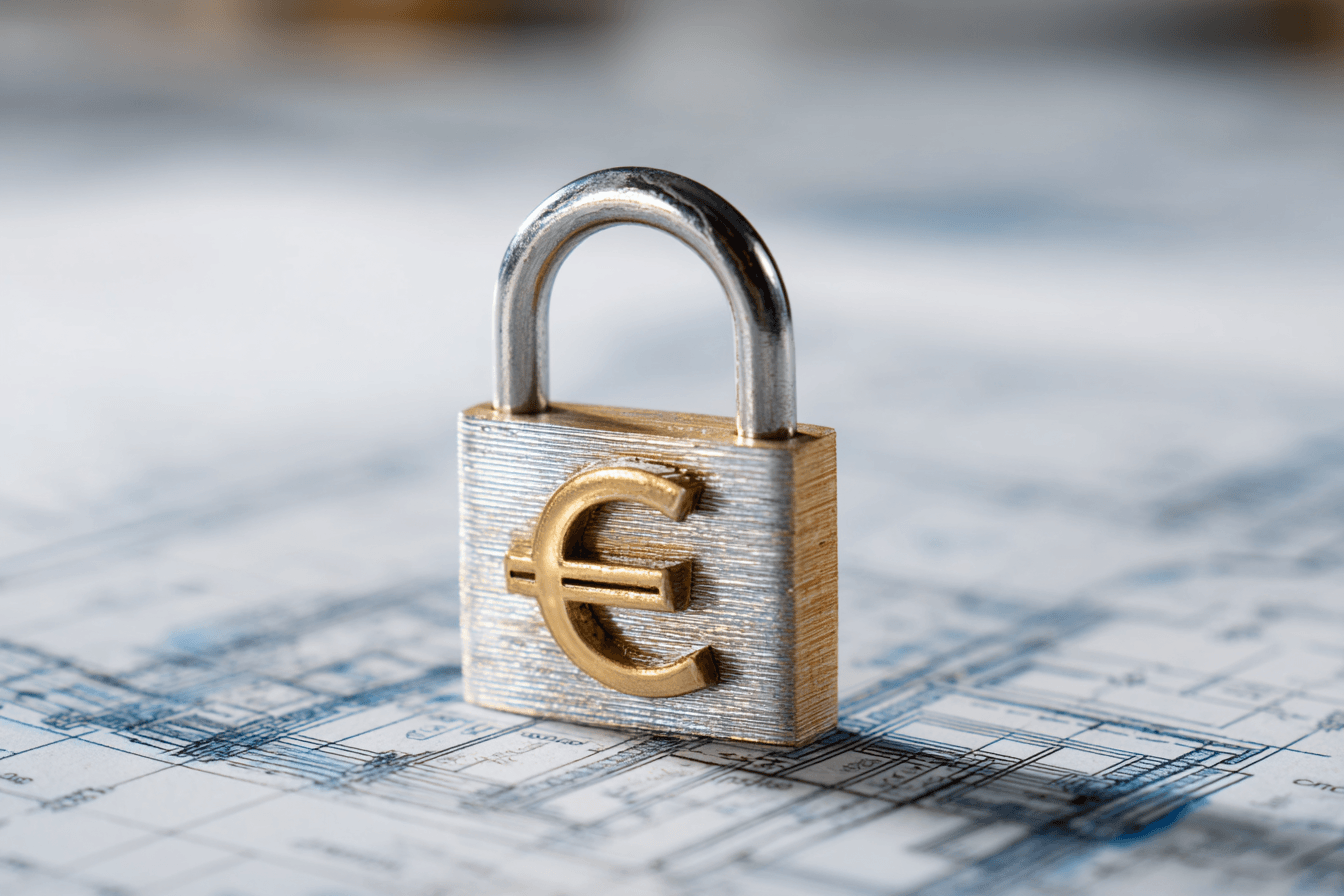Vorhängeschloss mit Eurozeichen auf einem Bauplan, symbolisiert finanzielle Sicherheit.