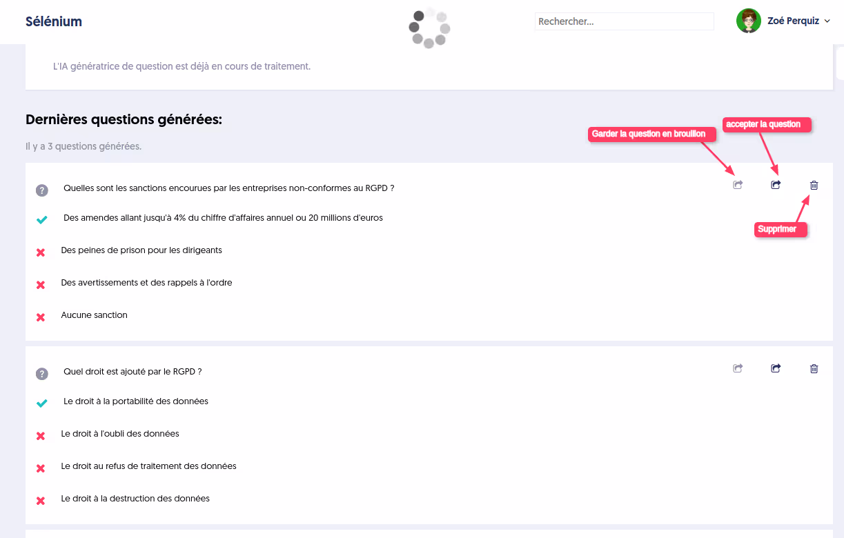 Fonction de génération de questions grâce à l'IA
