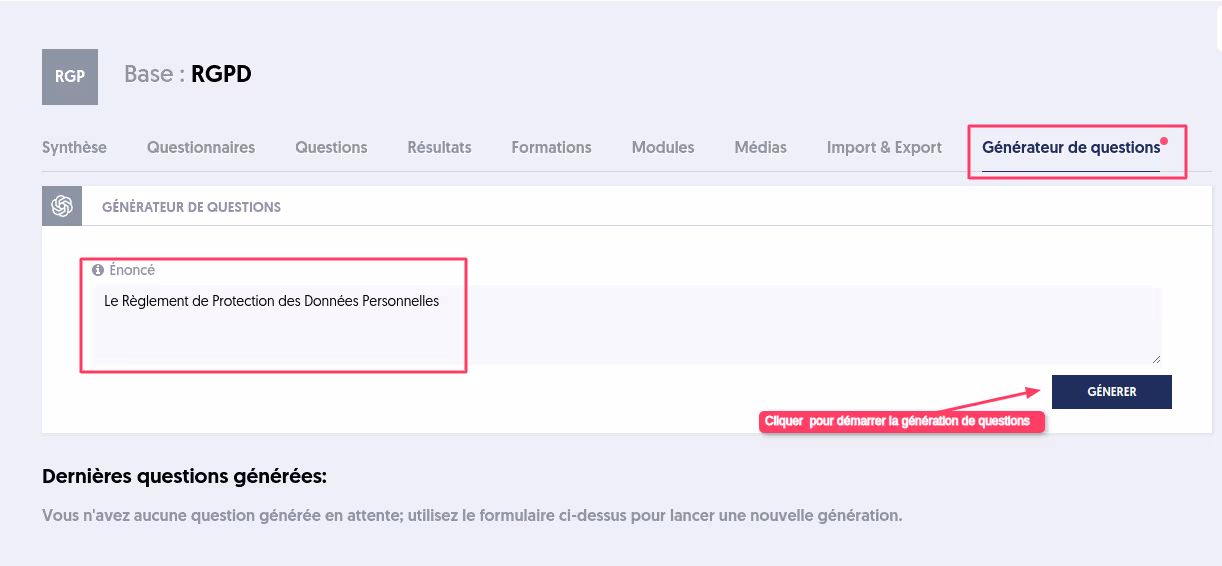 Fonction de génération de questions grâce à l'IA