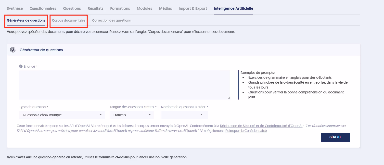 Utiliser le générateur de questions avec l'IA