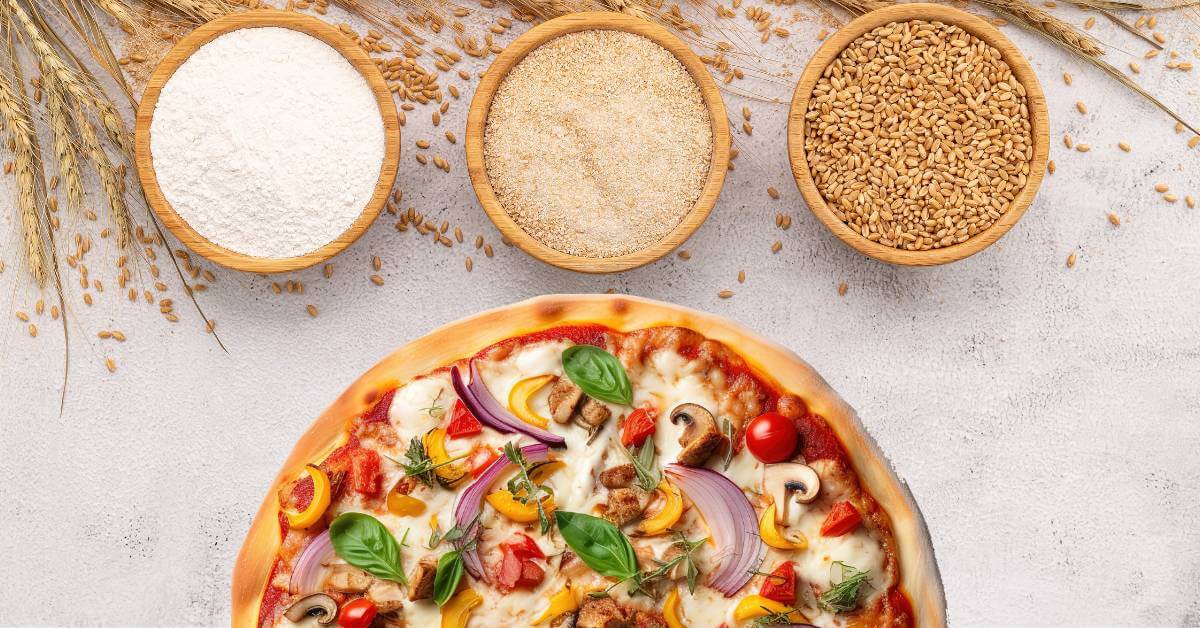 Pizza végétarienne maison garnie de roquette, tomates cerises, olives noires et mozzarella, sur pâte artisanale croustillante. 