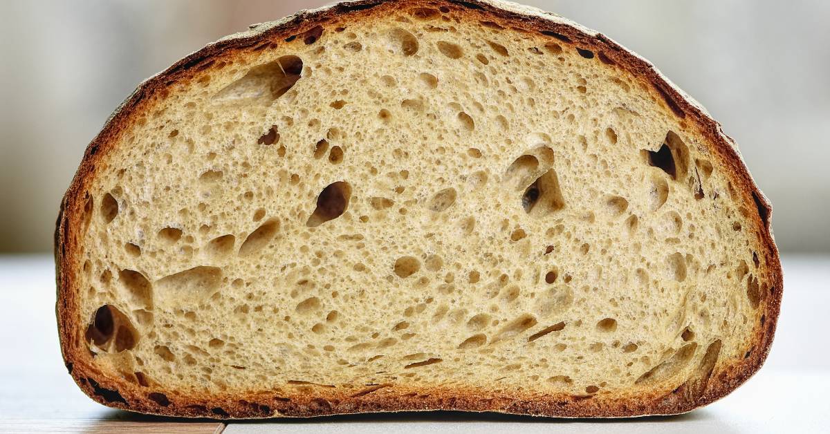 Pain maison à la mie alvéolée illustrant la texture d’une pâte bien fermentée, similaire à une pâte à pizza artisanale.