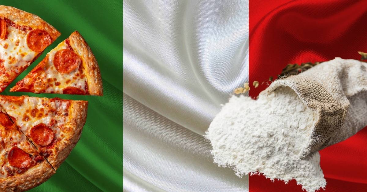 Farine italienne tipo 00 pour pizza napolitaine posée sur le drapeau de l’Italie