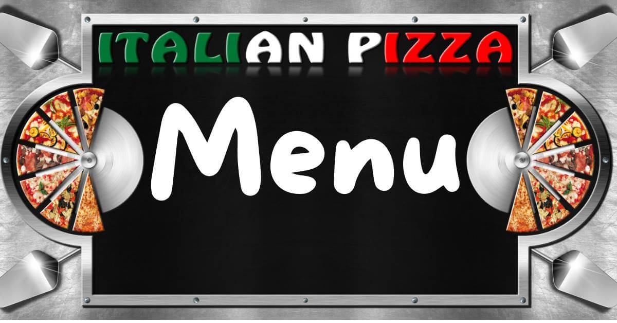 Illustration d’un menu Italian Pizza avec décor métallique et parts de pizza.