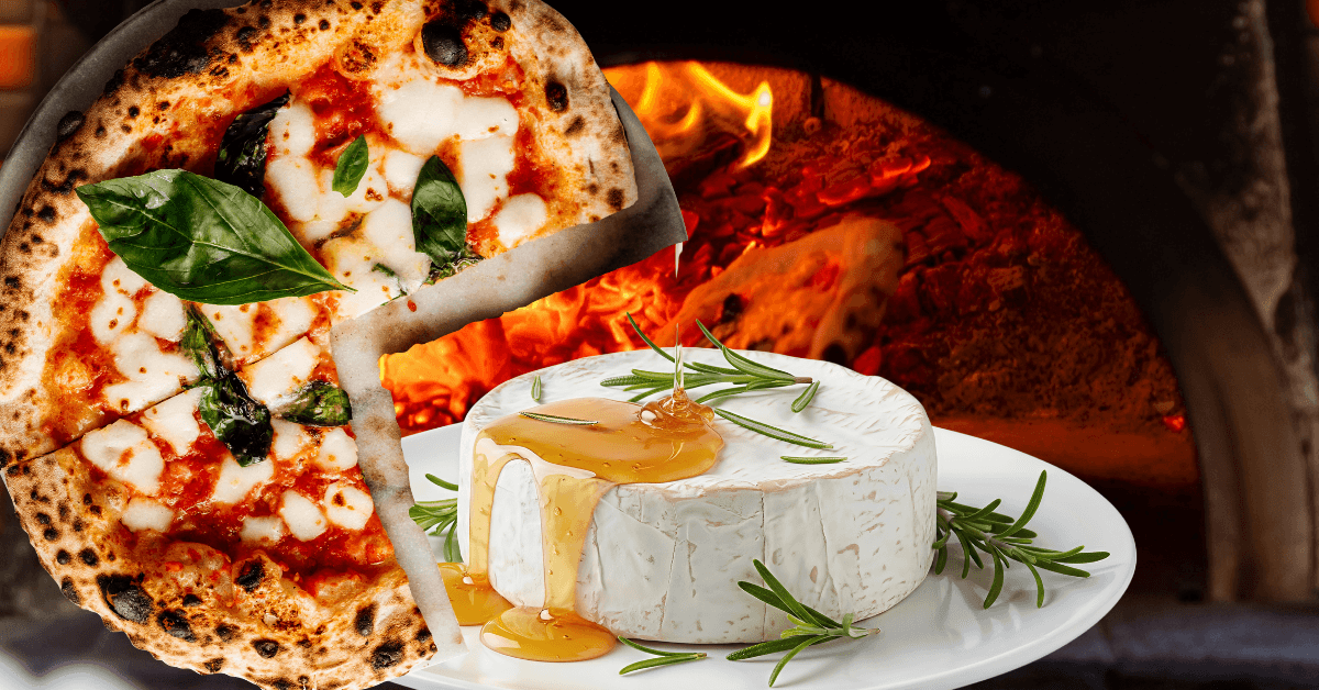 pizza margherita mozzarella basilic cuite au four à bois avec une pointe de brie