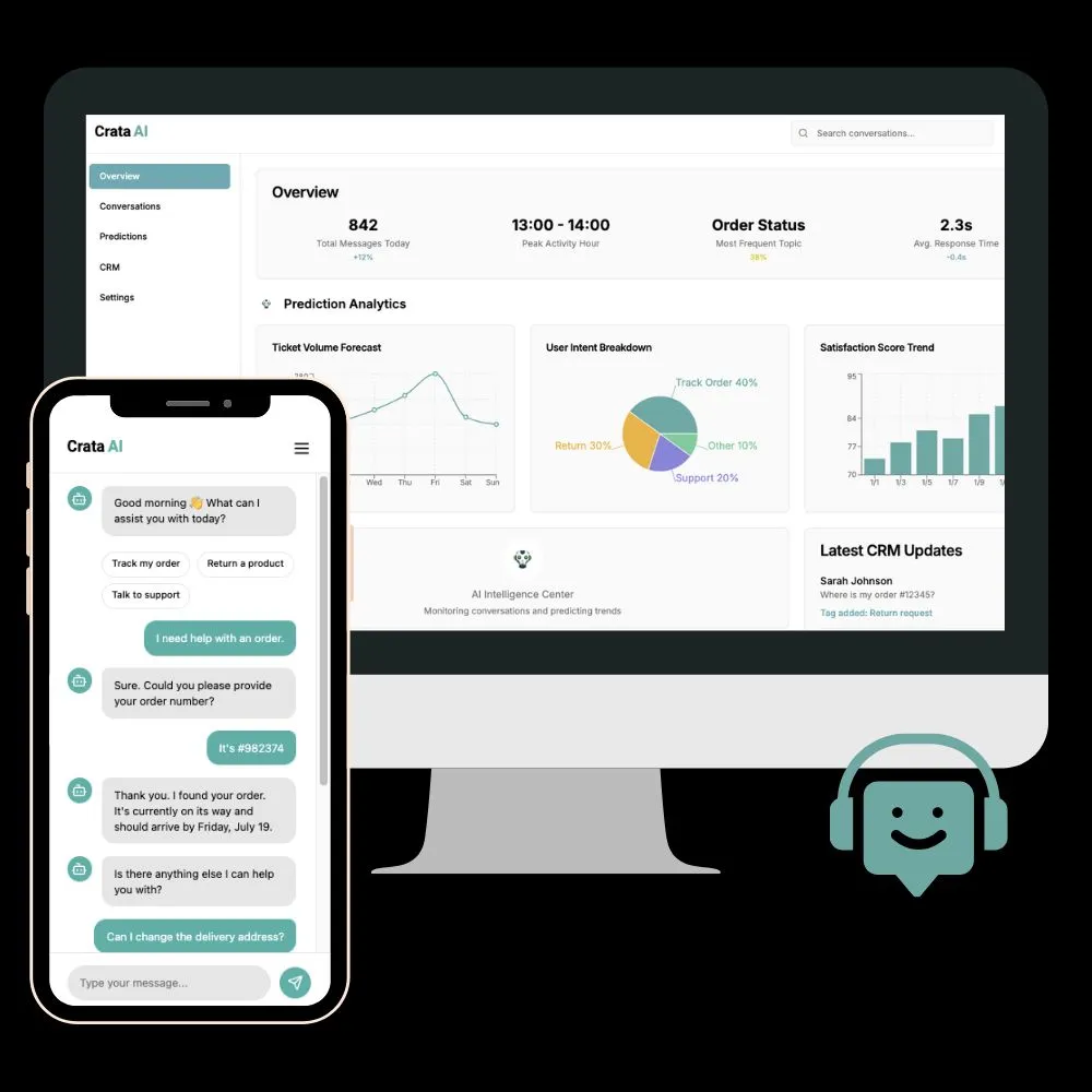 Computer and phone showing Crata AI chatbot interface managing orders and customer support requests.