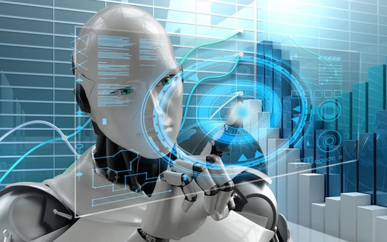 Humanoid robot interacting with futuristic blue digital interface and data charts.