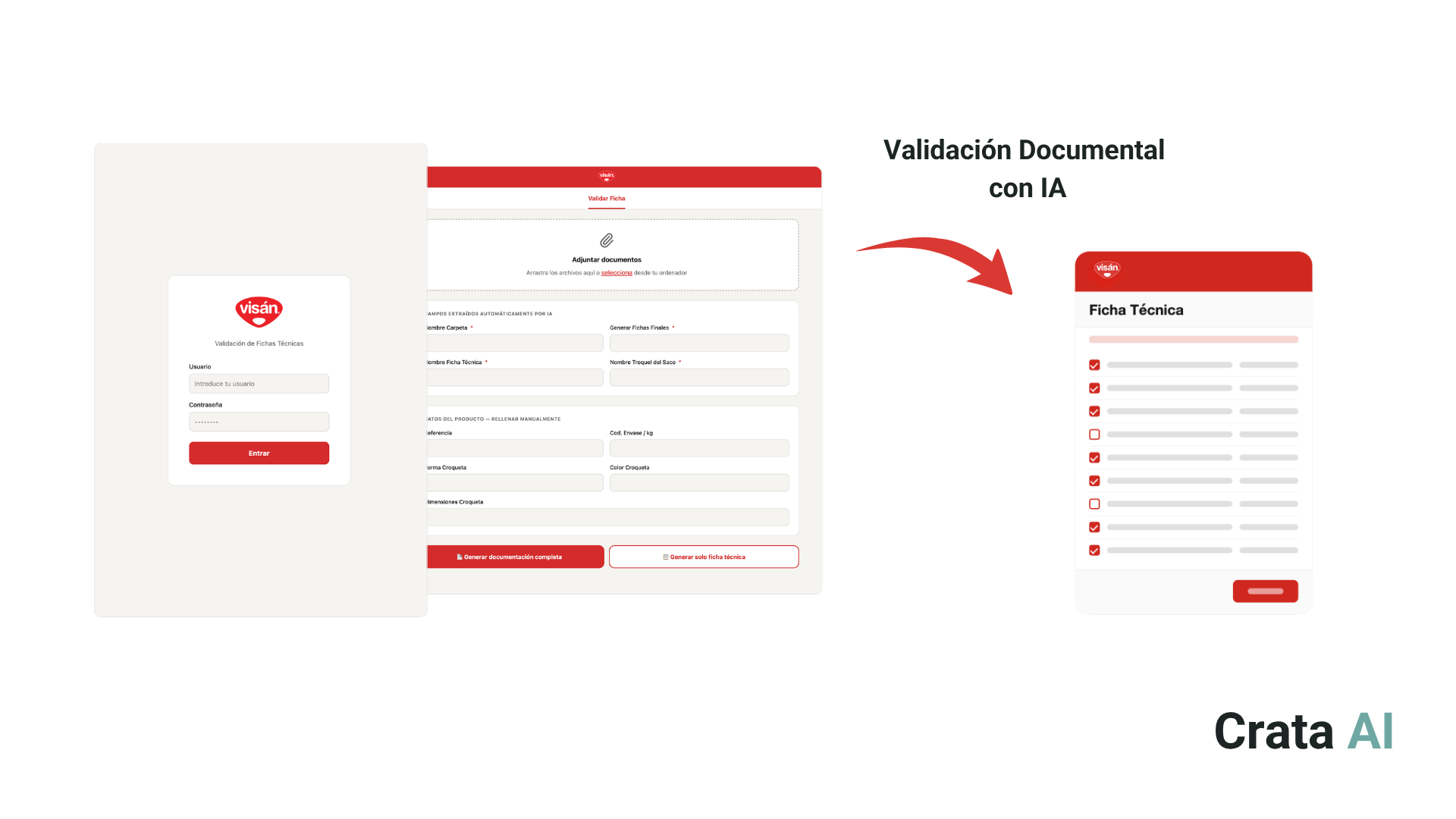 Interfaz del sistema de validación documental desarrollado por Crata AI para Visán: carga de documentos, extracción automática de datos y generación de ficha técnica final.