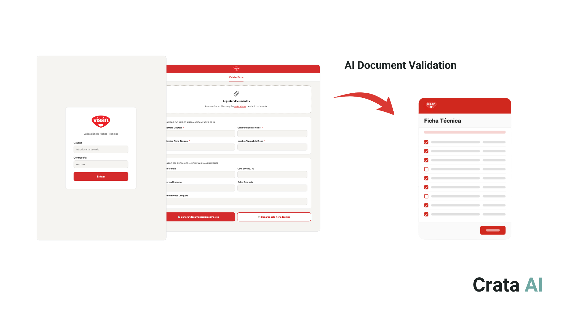 Interface of the document validation system developed by Crata AI for Visán: document upload, automatic data extraction and generation of the final technical sheet.