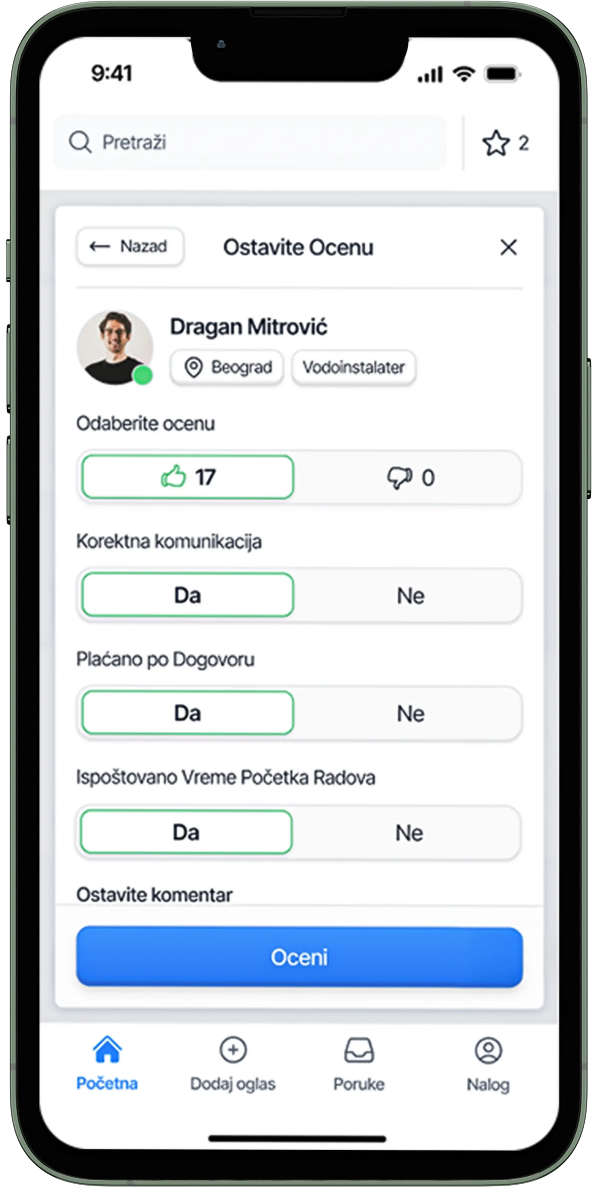 Telefon sa stranicom ocena majstora na fix4you aplikaciji