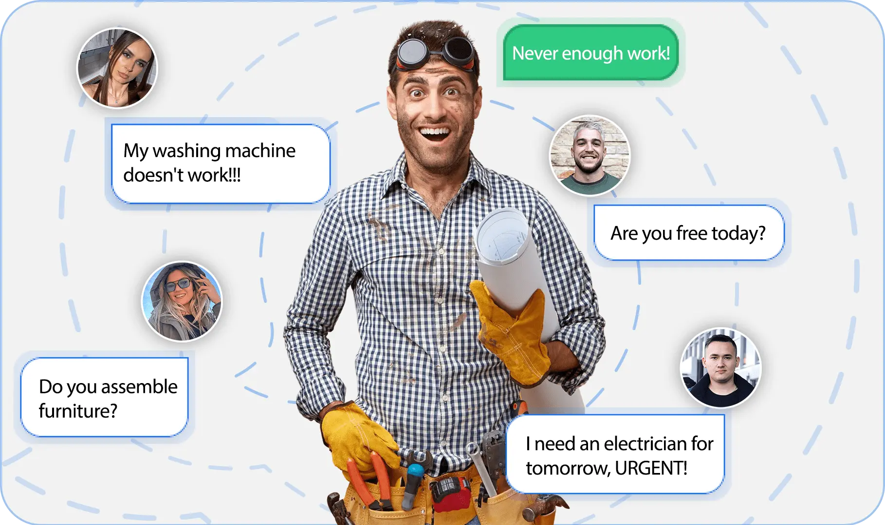 A happy handyman receiving lots of messages from clients