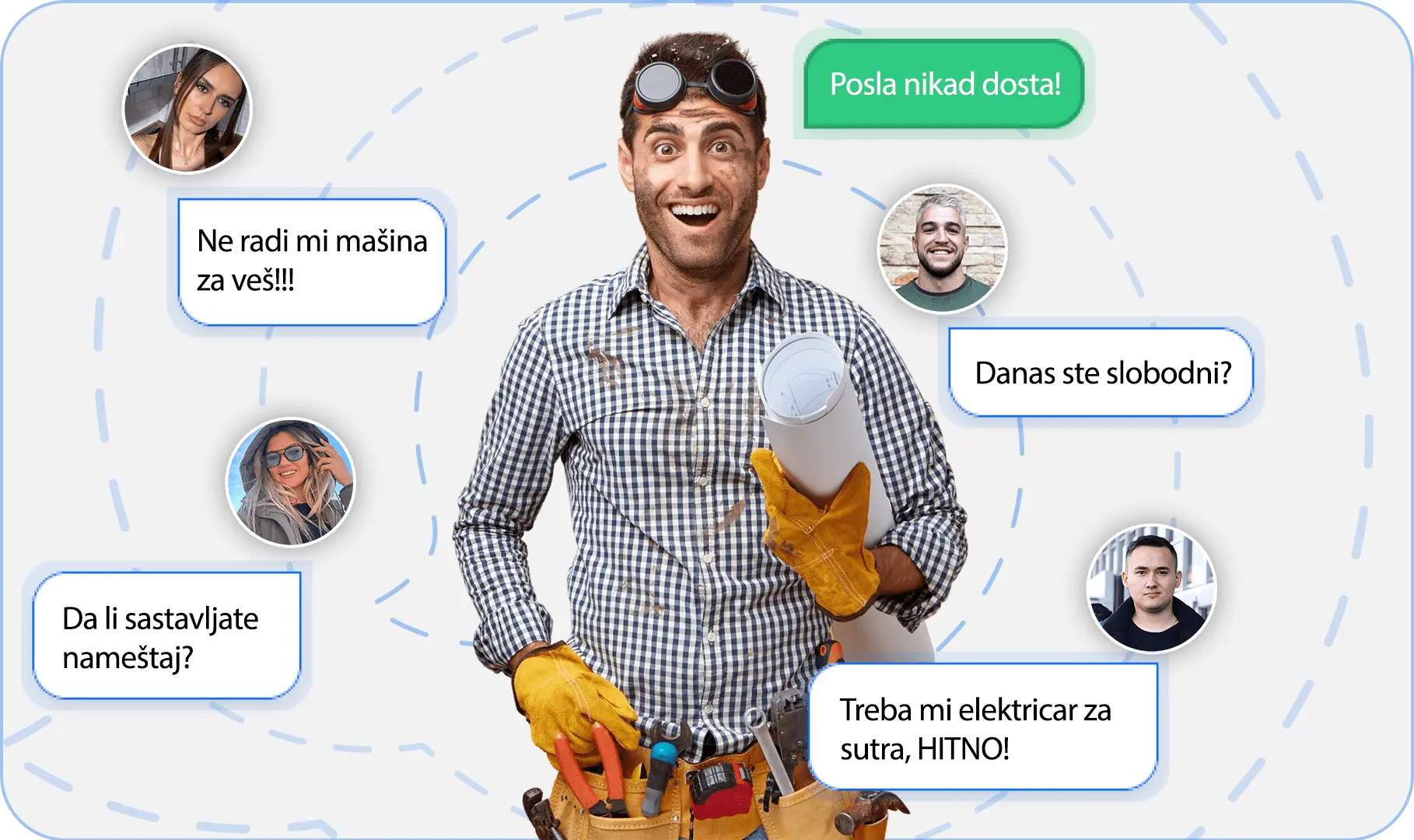 Srećan majstor koji dobija mnogo poruka od klijenata 