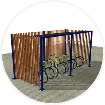 Abri à vélos en bois avec structure métallique bleue.