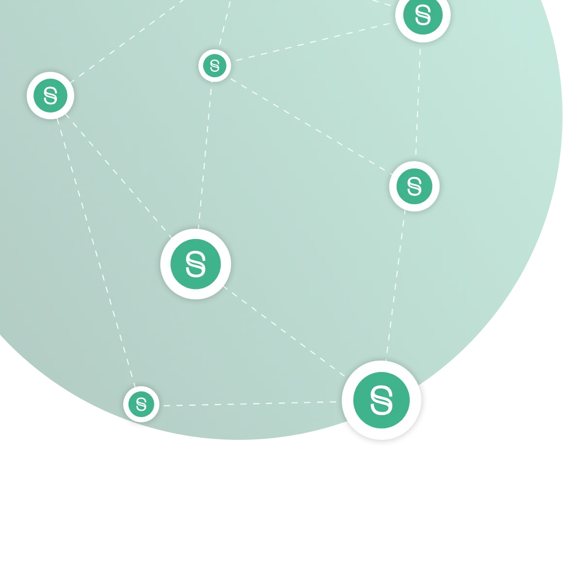 Gráfico ilustrativo de una red en tonos verdes con nodos resaltados, cada uno marcado con el símbolo "$". Las conexiones entre los nodos están representadas por líneas punteadas.