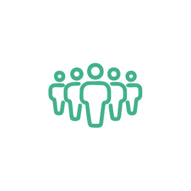 Icono de un grupo de cinco figuras humanas en estilo minimalista, representando diversidad y trabajo en equipo.