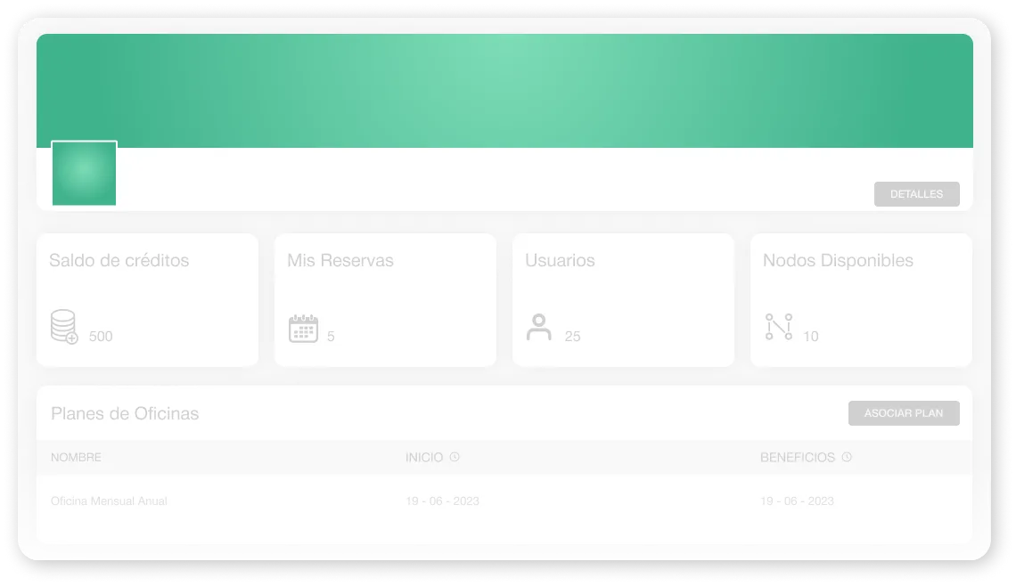 Interfaz de un sistema de gestión llamada Sinergia Workspace, mostrando saldo de créditos, reservas, usuarios y nodos disponibles. Se detalla un plan de oficina con fechas correspondientes y opciones de visualización de datos.