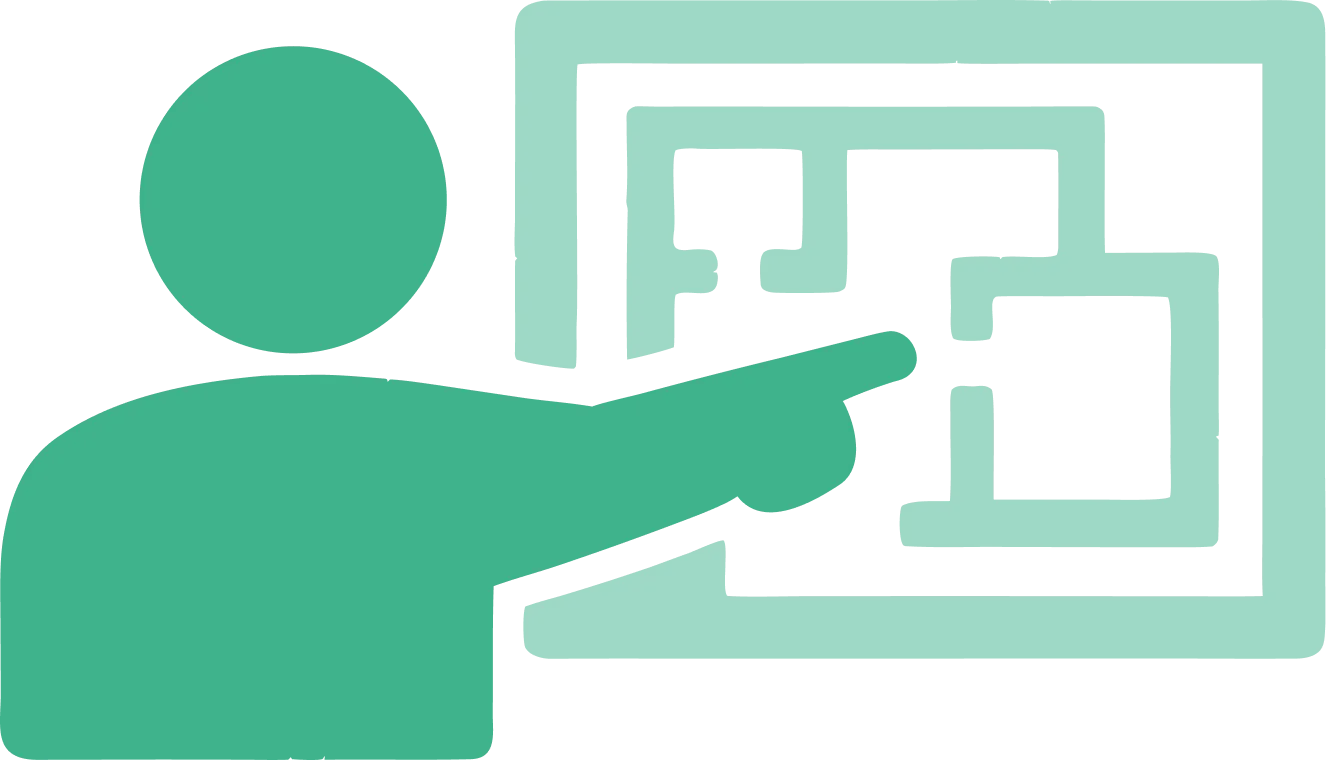 Ícono de una persona señalando un plano arquitectónico en una pantalla.
