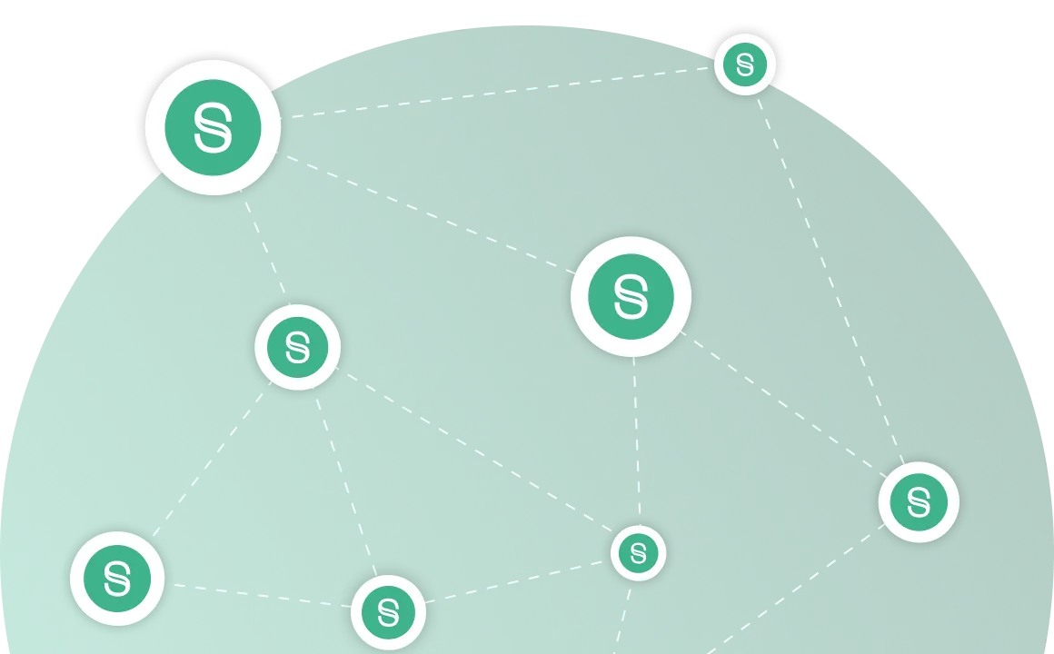 Ilustración de una red interconectada de círculos verdes con el símbolo de moneda en blanco.
