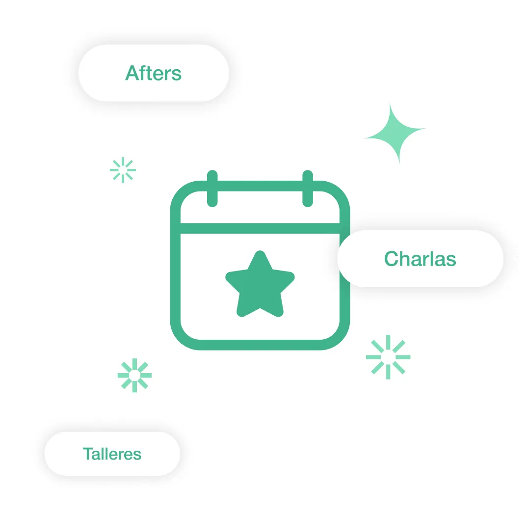 Ícono de calendario verde con una estrella en el centro, rodeado de palabras 'Afters', 'Charlas' y 'Talleres'.