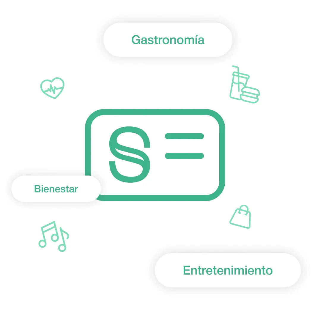 Ilustración de una tarjeta con el símbolo de pesos y texto, rodeada por íconos y palabras que representan gastronomía, bienestar y entretenimiento.