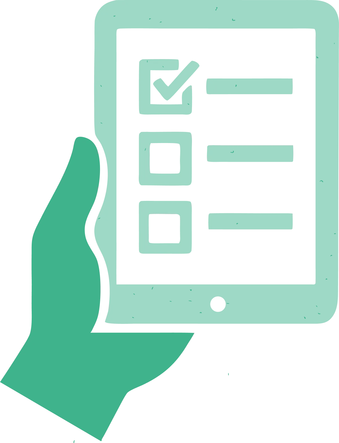 Mano sosteniendo una tablet con una lista de verificación, con el primer ítem marcado.