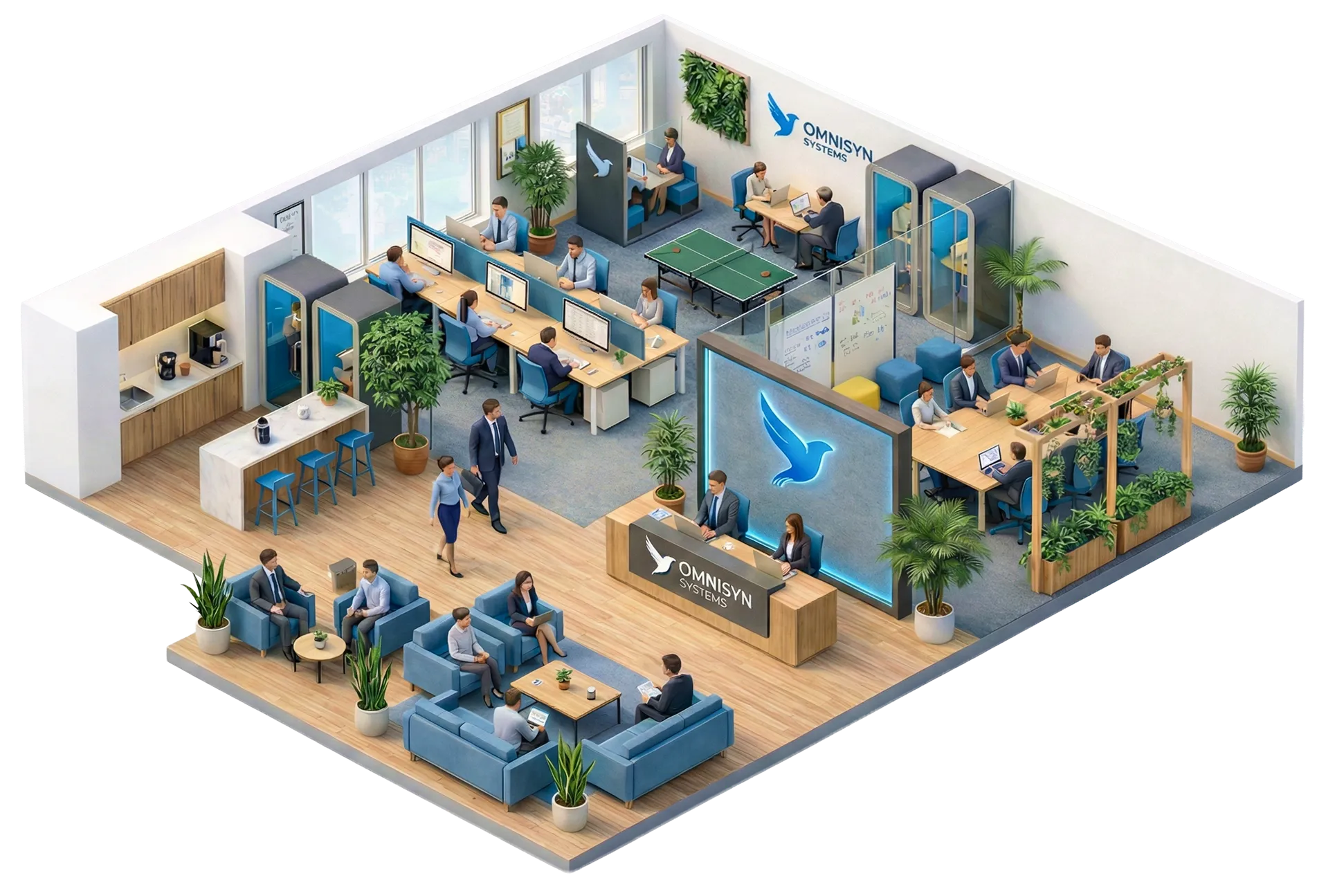 Diseño isométrico de oficina moderna con escritorios en grupo, salas de reuniones, áreas comunes y columnas estructurales.