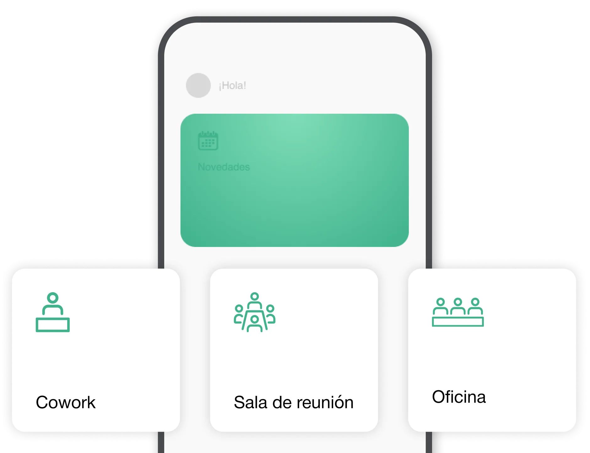 Vista de una app móvil mostrando opciones de espacios a demanda: Cowork, Sala de reunión y Oficina, con íconos verdes.