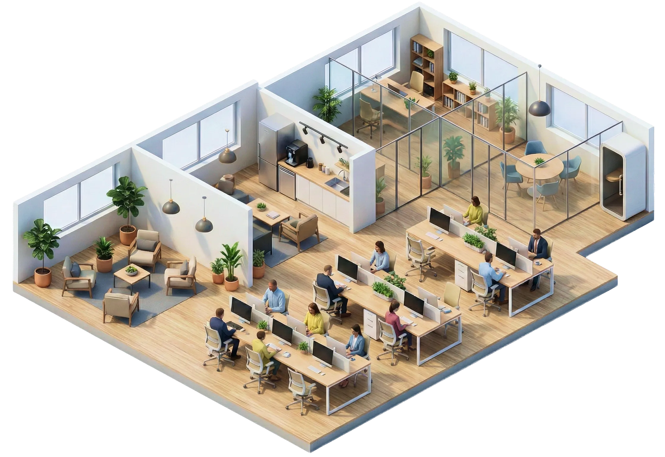 Oficina isométrica con escritorios compartidos, sala de reuniones con paredes de vidrio, zona de descanso con sillones y área kitchen con nevera y cafetera.