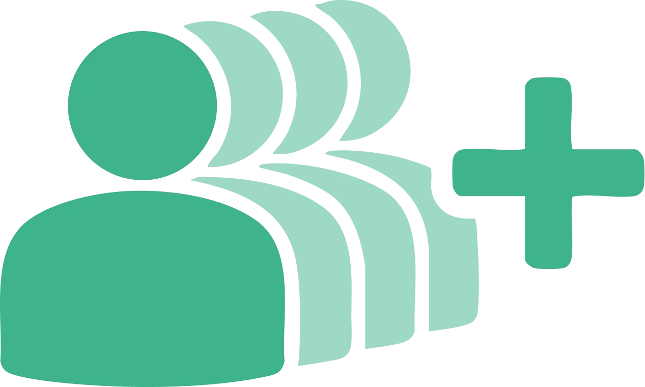 Ícono verde con varias figuras humanas y un símbolo de más, representando agregar usuarios.