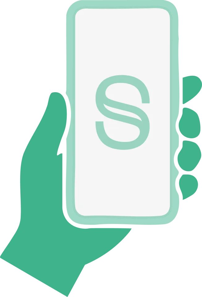 Mano sosteniendo un teléfono móvil con una letra S grande en la pantalla.