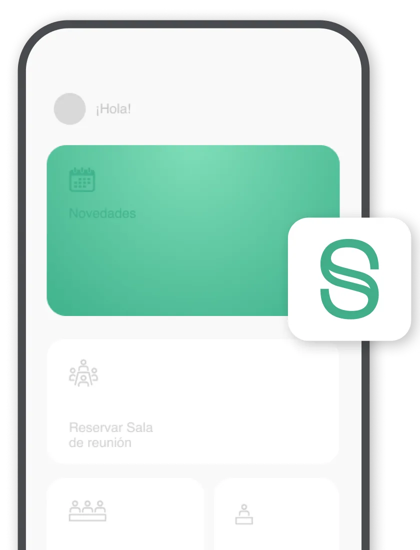 Pantalla de aplicación móvil mostrando opciones para novedades y reservar sala de reunión con diseño minimalista y colores suaves.