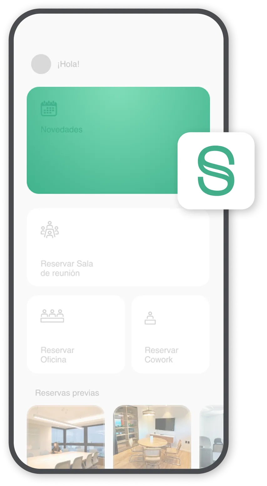 Pantalla de aplicación móvil en español para reservar espacios de trabajo, mostrando opciones como novedades, reservar sala de reunión, oficina y cowork, junto con imágenes de reservaciones previas.