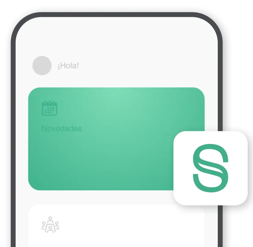 Pantalla de teléfono móvil que muestra una tarjeta verde con un ícono de calendario y la palabra 'Novedades', junto a un saludo '¡Hola!' en gris y un icono de grupo debajo.