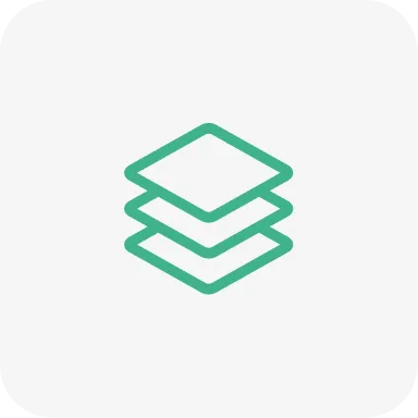 Icono de tres capas apiladas en color verde sobre fondo gris claro.