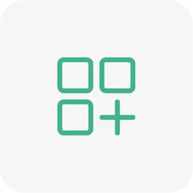 Icono verde de cuatro cuadrados con un símbolo de más en el fondo gris claro.